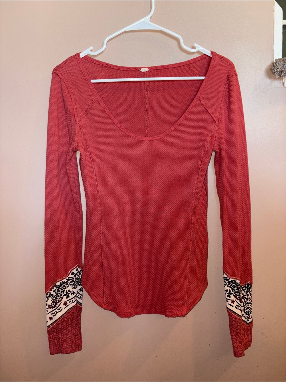 Free People Salmon Pink Long-Sleeve Scoop Neck Top with Printed Cuffs
